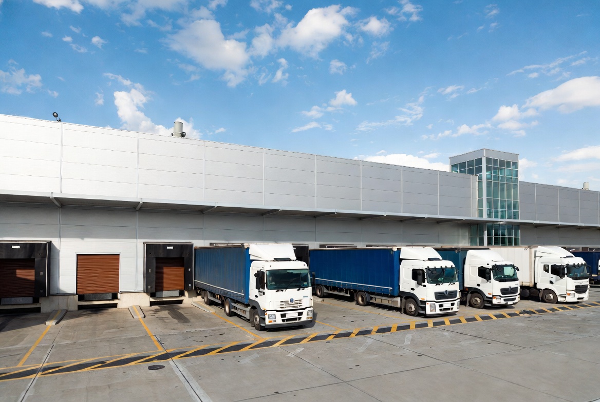 Freight terminal and loading docks with trucks